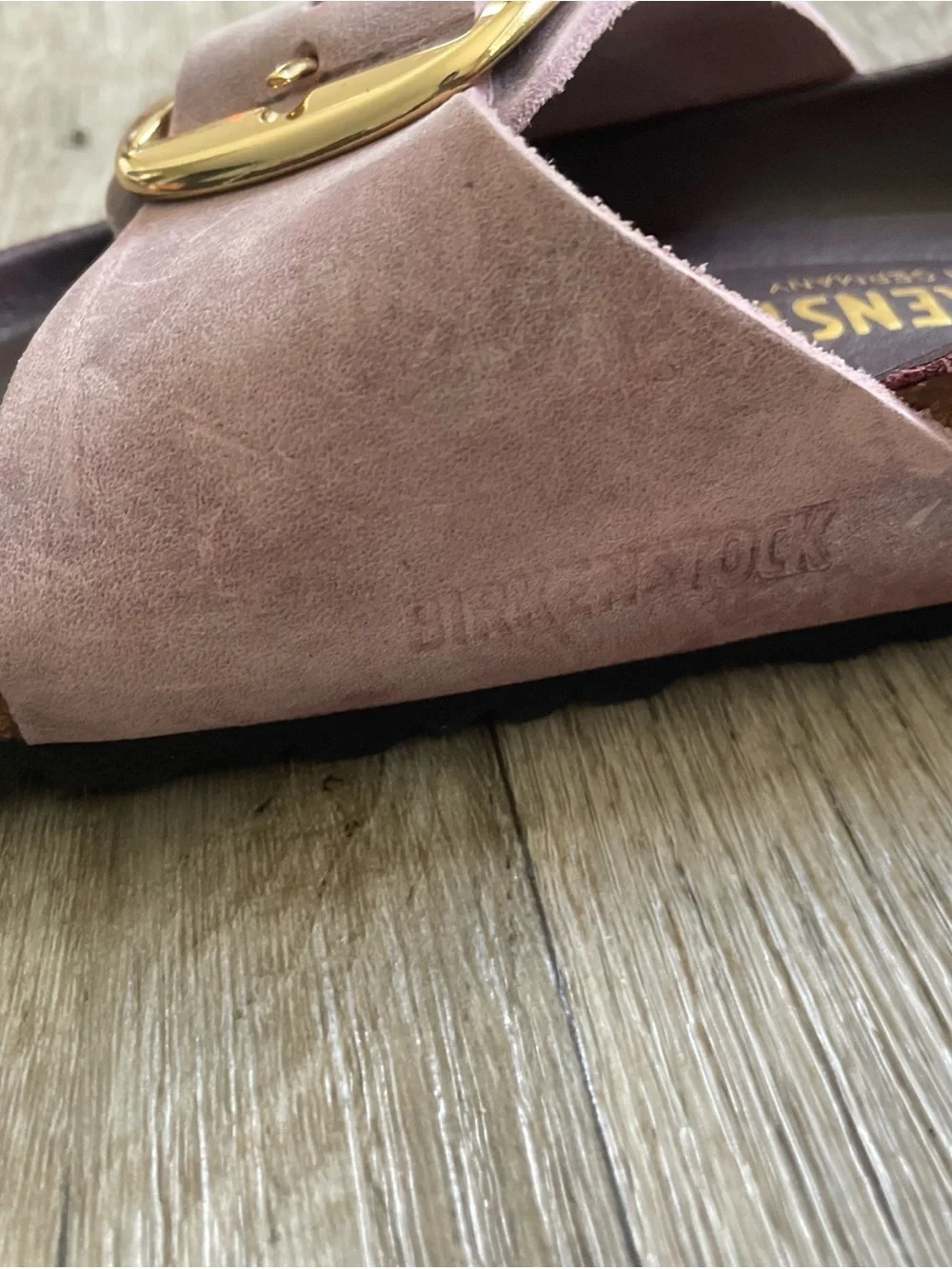 Birkenstock Madrid Soft Pink Suede Slide Sandals with Gold Buckles